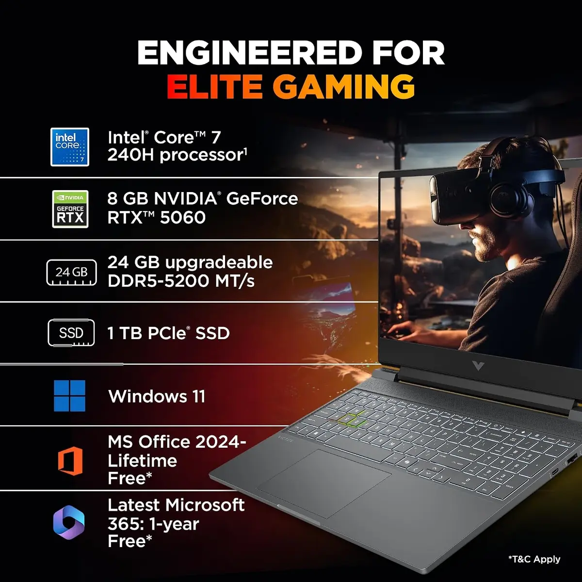 HP Victus, Intel Core 7 240H, RTX 5060 8GB, 24GB DDR5(Upgradeable), 1TB SSD, FHD, 144Hz, 300 nits, IPS, 15.6''/39.6cm, Win11, M365* Office24, Mica Silver, 2.29kg, fa2405TX, RGB Backlit, Gaming Laptop, 1 Year Warranty image 5