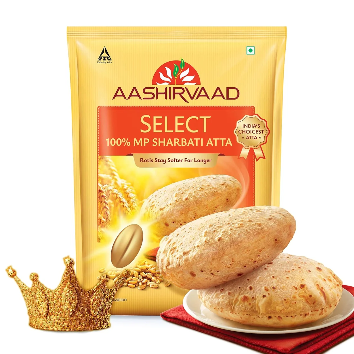 Aashirvaad Select, MP Sharbati Atta – 100%, Premium Whole Wheat Flour for Softer Rotis, 10kg, 0% Maida
