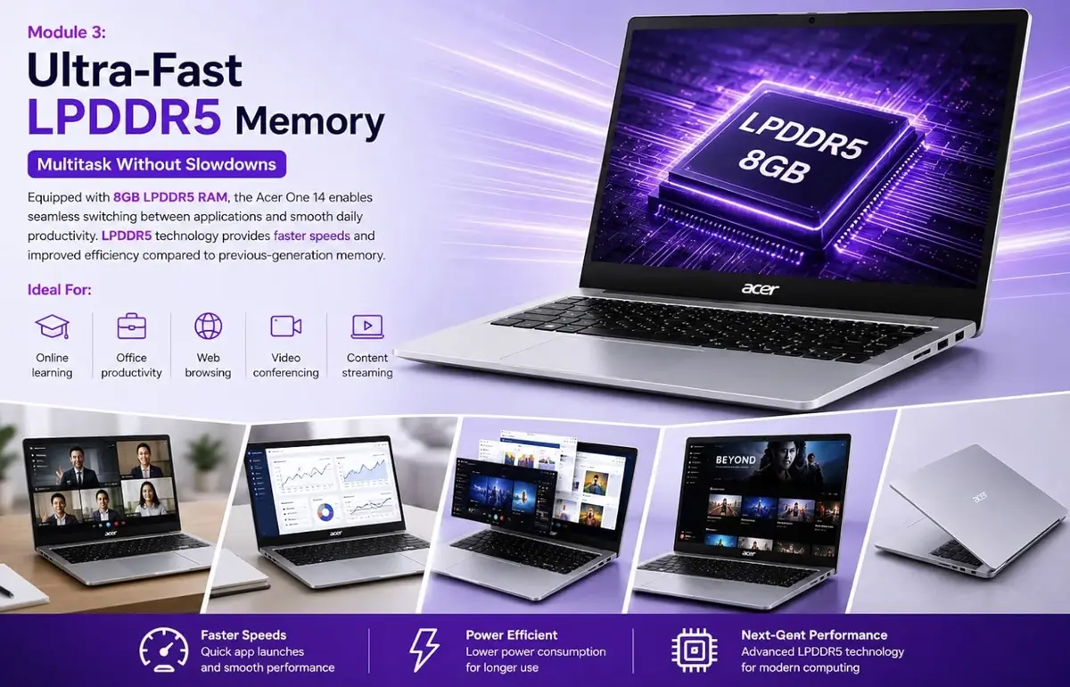 Acer One 14 Z14-55M, AMD Ryzen 3 7320U, 8GB LPDDR5 RAM, 512GB NVMe SSD, Windows 11 Home, Ms-Office, 14-Inch HD Display, AMD Radeon 610M Graphics, Silver, Thin and Light Laptop, 1 Year Warranty image 3