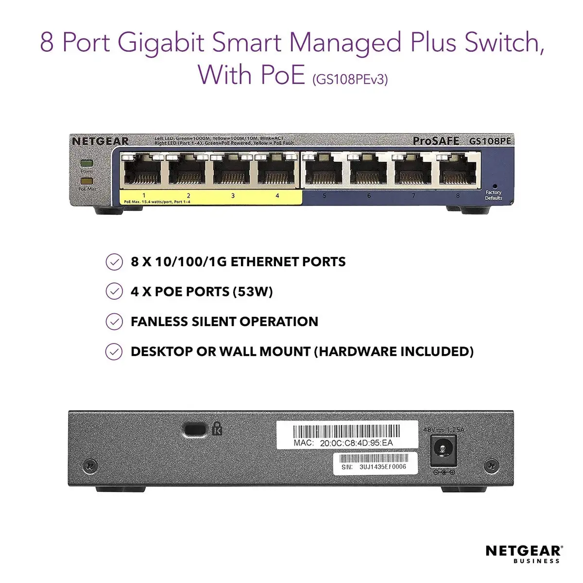NETGEAR GS108PE 8-Port Gigabit Smart Managed Plus PoE Switch | 4-Port PoE+ with 53W Budget image 2