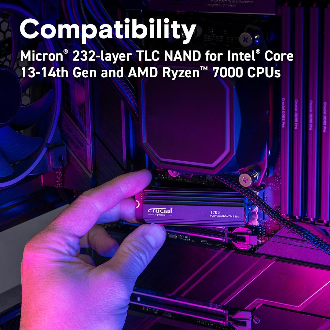Crucial T705 2TB PCIe Gen5 NVMe M.2 SSD with heatsink,  Read and Write speeds up to 14,500 & 12700 MB/s, 5 Year Warranty thumbnail 3
