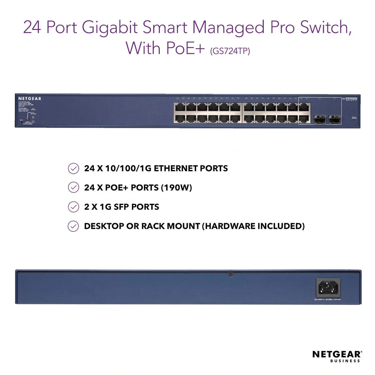 NETGEAR GS724TP 24-Port Smart Managed Pro Gigabit PoE+ Switch | 24 PoE+ Ports, 2 SFP Uplinks, 190W PoE Budget image 2