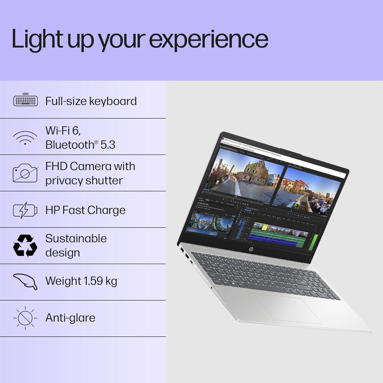 HP 15, 13th Gen Intel Core i3-1315U (12GB DDR4, 512GB SSD) FHD, Anti-Glare, Micro-Edge, 15.6''/39.6cm, Win11, M365 Basic(1yr)* Office24, Silver, 1.59kg, fd0573TU, FHD Camera w/Shutter Laptop thumbnail 3