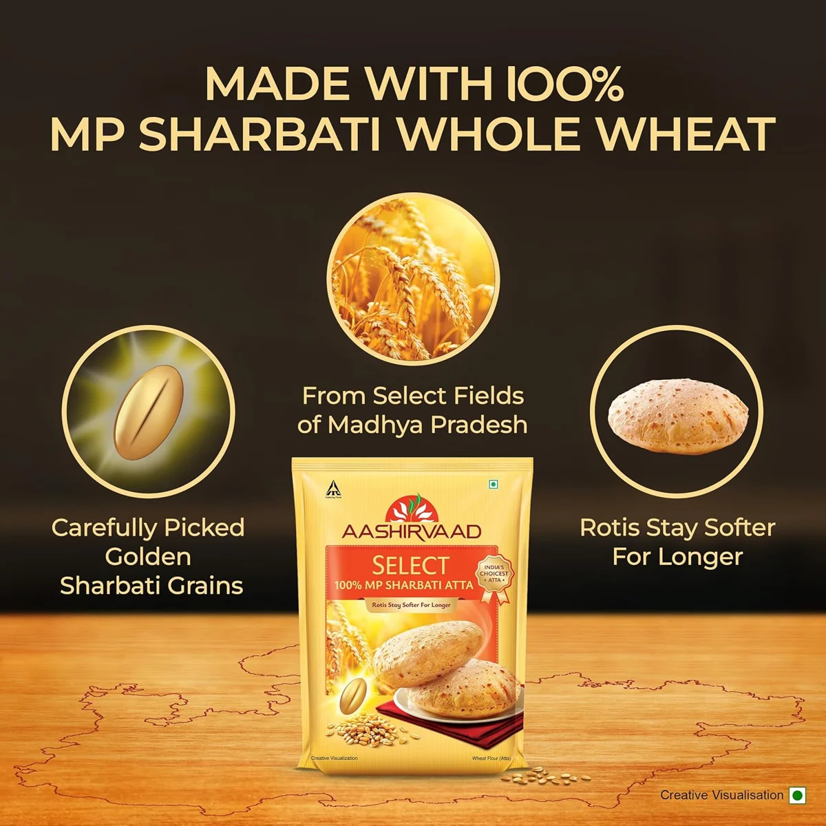 Aashirvaad Select, MP Sharbati Atta – 100%, Premium Whole Wheat Flour for Softer Rotis, 10kg, 0% Maida image 8