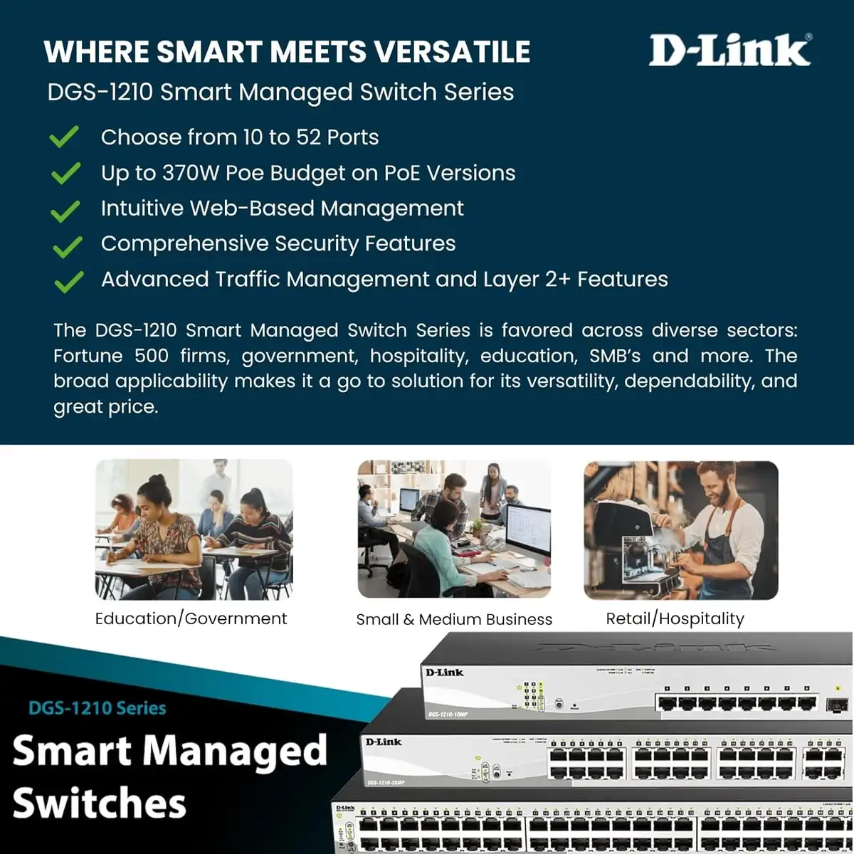 D-Link DGS-1210-28P 28-Port Smart Managed Gigabit PoE Switch | 24× Gigabit PoE Ports + 4× Combo RJ45/SFP, VLAN, QoS & LACP Support image 2