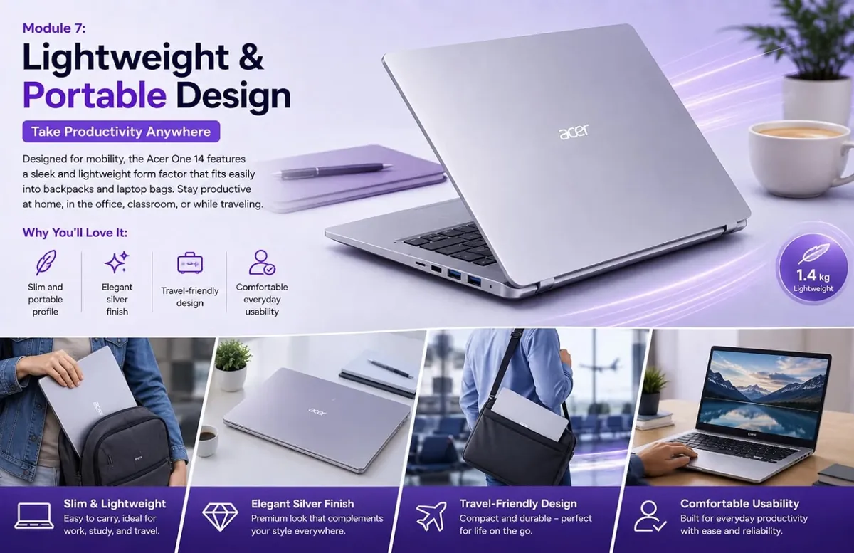 Acer One 14 Z14-55M, AMD Ryzen 3 7320U, 8GB LPDDR5 RAM, 512GB NVMe SSD, Windows 11 Home, Ms-Office, 14-Inch HD Display, AMD Radeon 610M Graphics, Silver, Thin and Light Laptop, 1 Year Warranty image 6