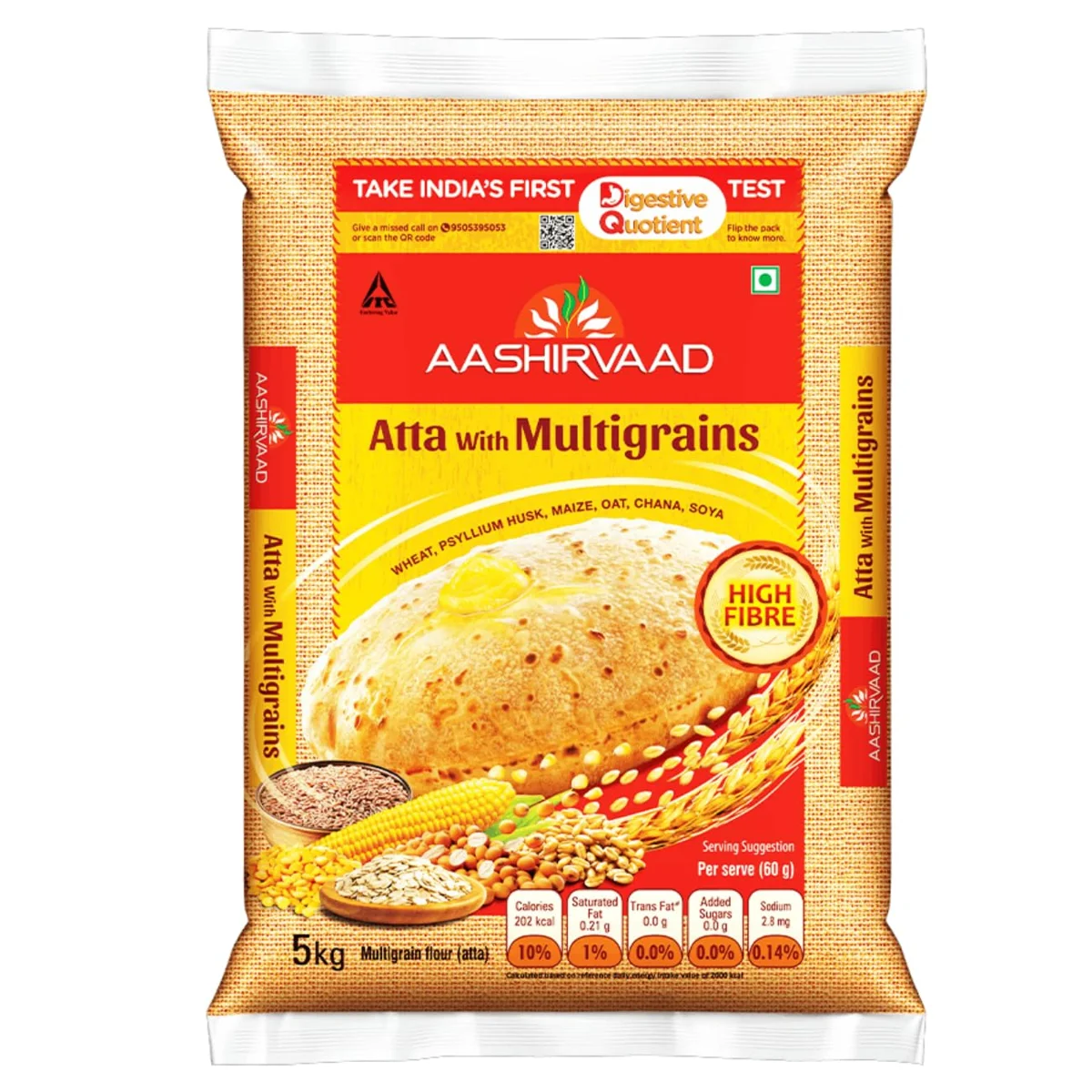 Aashirvaad Atta with Multigrains, 5kg pack, The High Fibre Atta, 0% maida