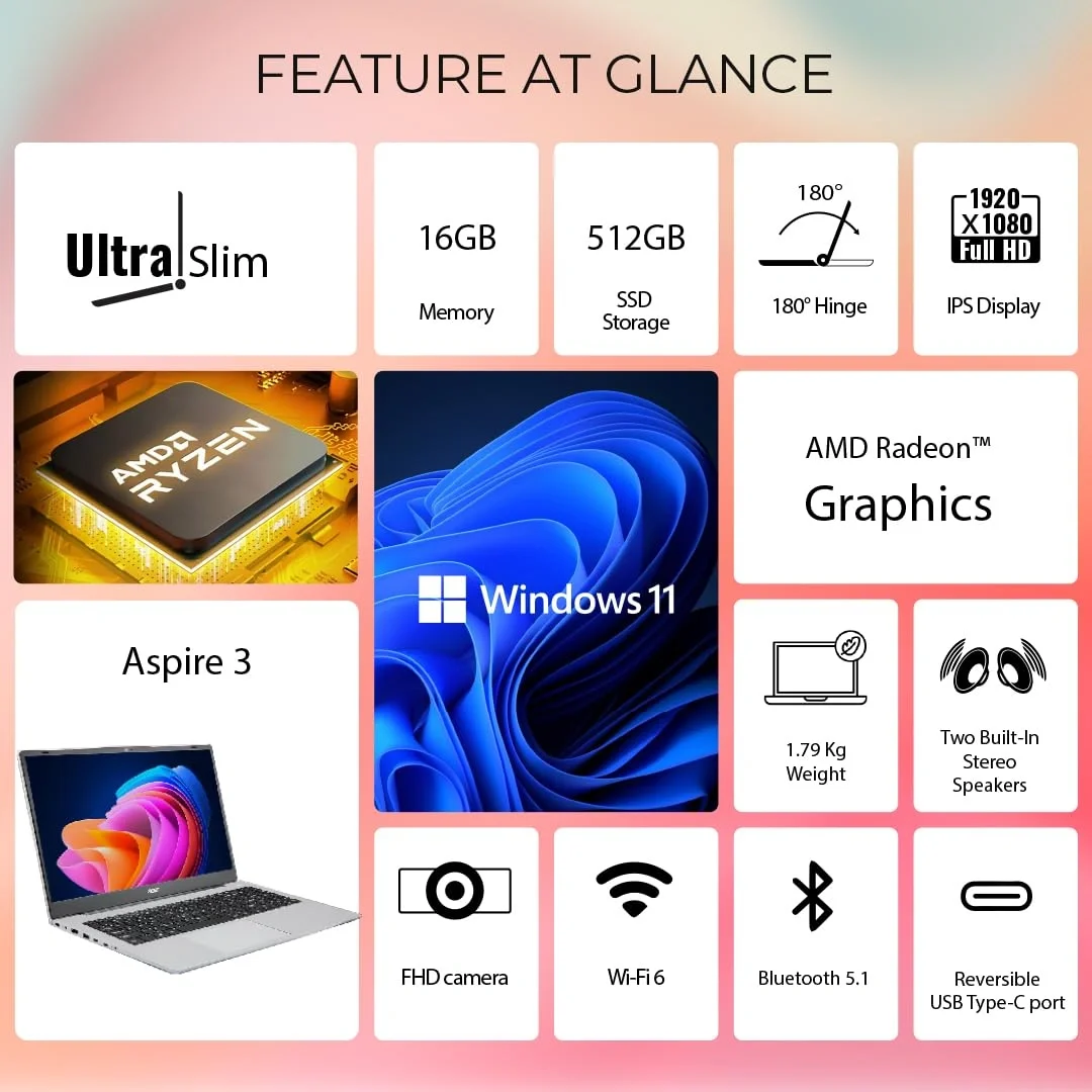 Acer Aspire 15 AS15-42 Laptop | AMD Ryzen 7 7730U | 16GB RAM | 512GB SSD | 15.6" Full HD Display | Windows 11 Home | Wi-Fi 6 | Backlit Keyboard | AMD Graphics | Pure Silver image 2