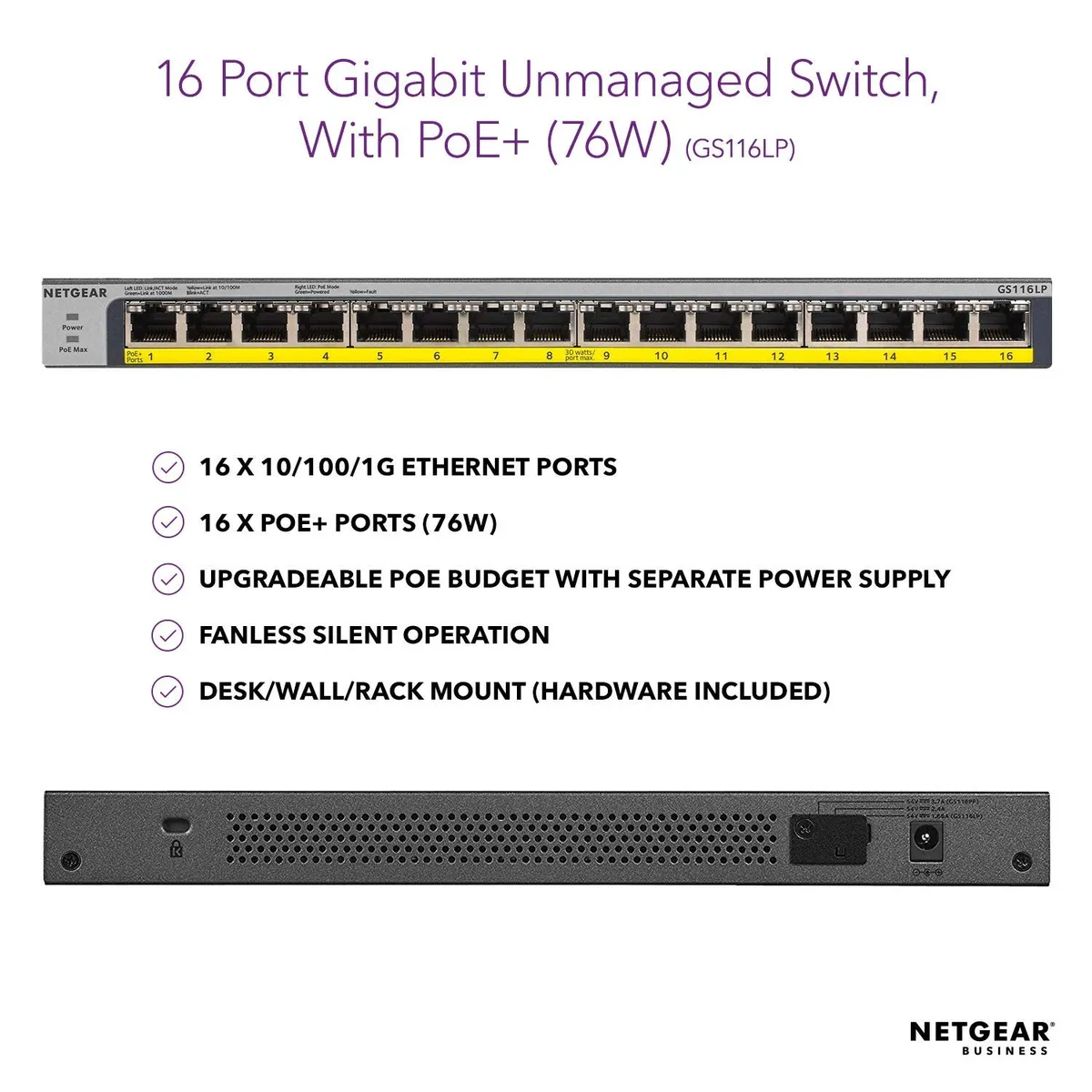 NETGEAR GS116LP 16-Port Gigabit PoE+ Ethernet Switch | Unmanaged Network Switch with 76W PoE Budget image 3