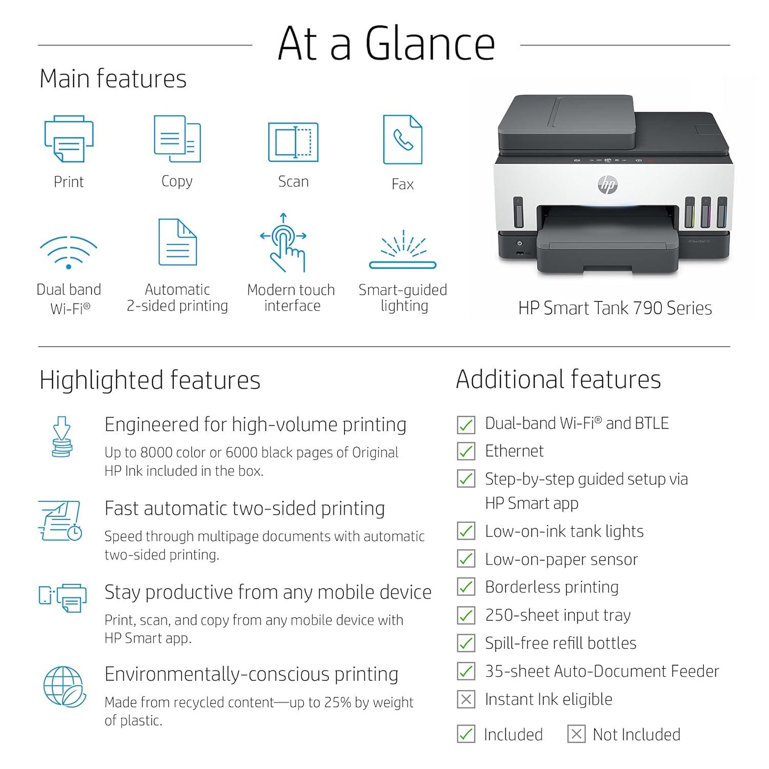 HP Smart Tank 790 A4 Ink Tank Colour Multifunction Printer |  23 PPM (Black) and 22 PPM (Color) | 256 MB | USB 2.0, Ethernet, Wireless or Wi-Fi |  Print, Copy, Scan, Fax, ADF | Automatic Duplex | 1 Year Warranty thumbnail 6