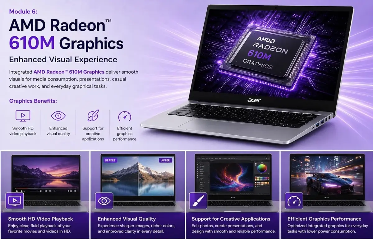 Acer One 14 Z14-55M, AMD Ryzen 3 7320U, 8GB LPDDR5 RAM, 512GB NVMe SSD, Windows 11 Home, Ms-Office, 14-Inch HD Display, AMD Radeon 610M Graphics, Silver, Thin and Light Laptop, 1 Year Warranty image 5