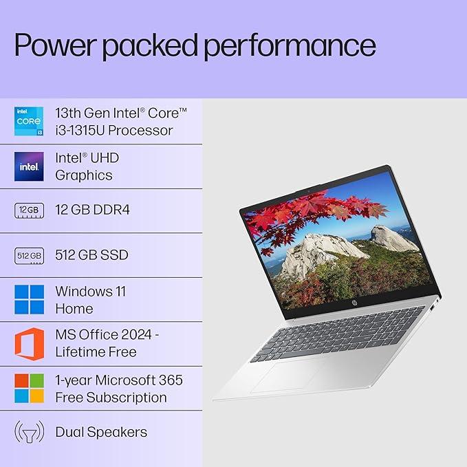 HP 15, 13th Gen Intel Core i3-1315U (12GB DDR4, 512GB SSD) FHD, Anti-Glare, Micro-Edge, 15.6''/39.6cm, Win11, M365 Basic(1yr)* Office24, Silver, 1.59kg, fd0573TU, FHD Camera w/Shutter Laptop thumbnail 2