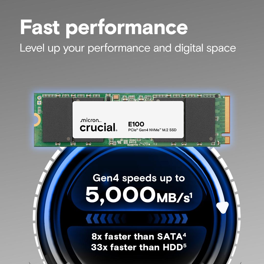Crucial E100 1TB PCIe Gen4 NVMe M.2 SSD, Read and Write speeds up to 5000 & 4500 MBps, 3 Year Warranty thumbnail 2