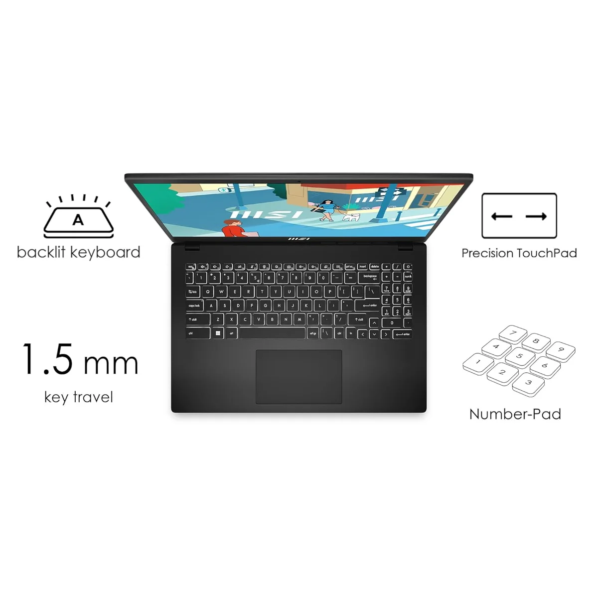 MSI Modern 15, Intel Core i7-1255U, 16GB 3200 MHz DDR4 RAM or Memory, 1TB NVMe SSD, 15" FHD (1920x1080), IPS-Level, Intel® Iris® Xe graphics, Windows 11 Home, MS Office, Black, 1.7 Kg, B12MO-1050IN, 1 Year Warranty image 6