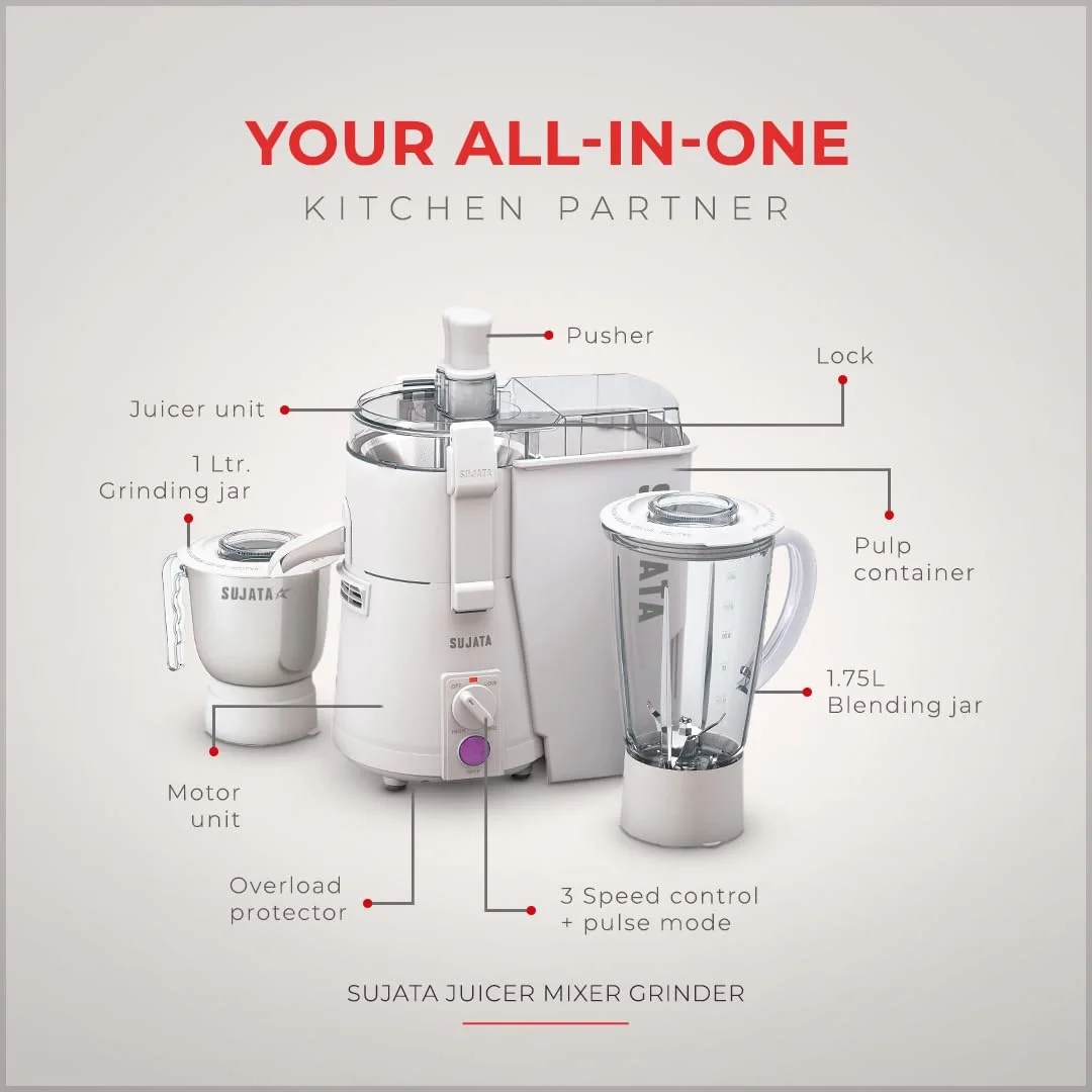 Sujata Powermatic Plus 900W Juicer Mixer Grinder with Double Ball Bearing Motor, 1 Year Warranty image 2