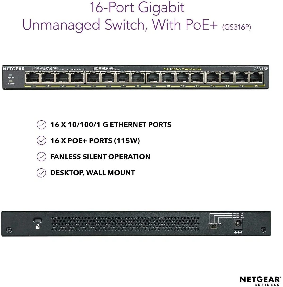 NETGEAR GS316P 16-Port Gigabit PoE+ Unmanaged Switch | 16 Gigabit Ports | 8 PoE+ Ports | 115W PoE Budget image 2