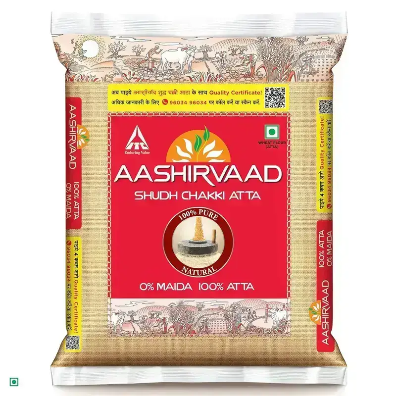 Aashirvaad Shudh Chakki Atta 5kg. 100% whole wheat flour with 0% maida. Nutritious and healthy atta.