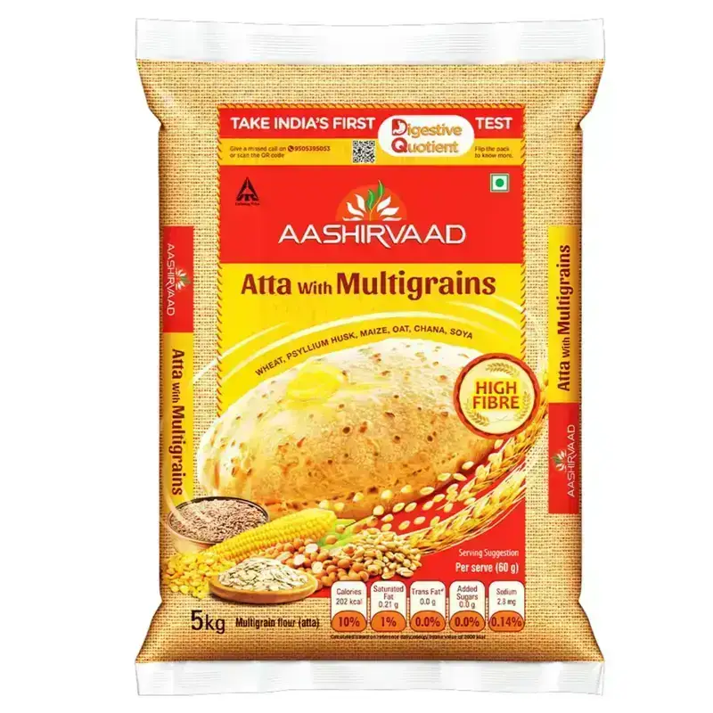 Aashirvaad Atta with Multigrains 5kg pack. High fibre atta with 0% maida. Nutritious multigrain flour.