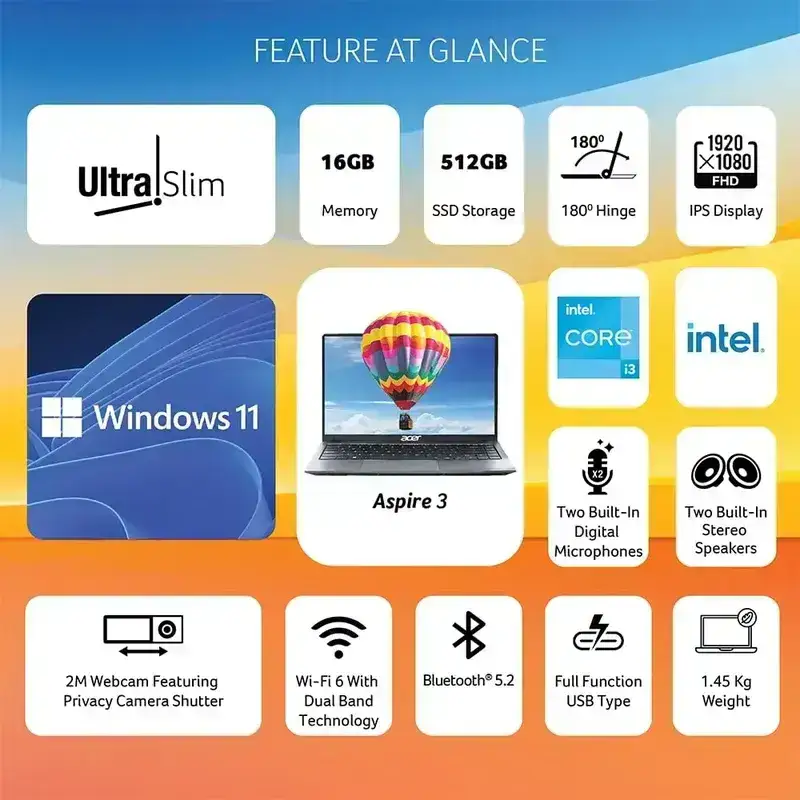 Acer Aspire 3 A324-51, Intel Core i3-1215U Processor,  16GB DDR4 Ram, 512GB NVMe SSD, Windows 11 Home, Display 35.56 cm (14") Full HD 1920 x 1080, 1 Year Warranty image 2