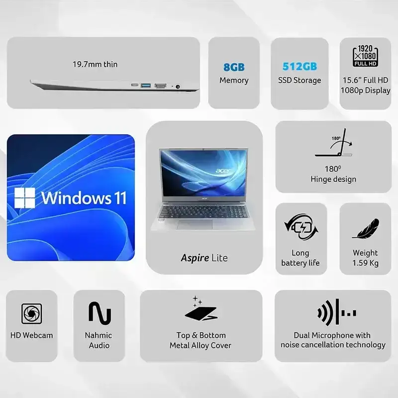 Acer Aspire Lite AL15-52, Intel Core i5-1235U 12th gen Processor, 8 GB DD4, 512GB PCIe NVMe, Display 15.6"/39.62 cm Full HD 1920 x 1080, Windows 11 Home, MSO, Pure Silver, 1.70 kg, Backlit Keyboard, 1 Year Warranty image 5