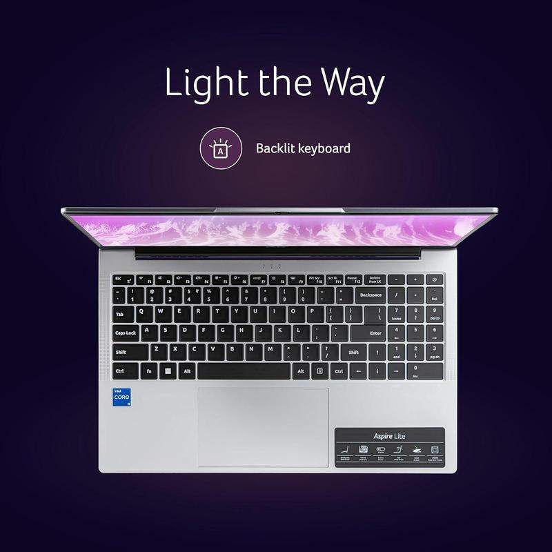 acer Aspire Lite AL15-52H, Intel Core i5-12450H 12th gen Processor, 16 GB LPDDR5, 512GB PCIe NVMe, 15.6"/39.62 cm, Windows 11 Home, MSO, Pure Silver, 1.70 kg, Backlit Keyboard, 1 Year Warranty image 7