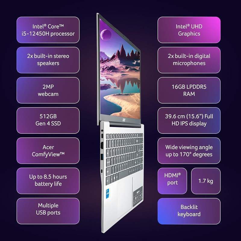 acer Aspire Lite AL15-52H, Intel Core i5-12450H 12th gen Processor, 16 GB LPDDR5, 512GB PCIe NVMe, 15.6"/39.62 cm, Windows 11 Home, MSO, Pure Silver, 1.70 kg, Backlit Keyboard, 1 Year Warranty image 4