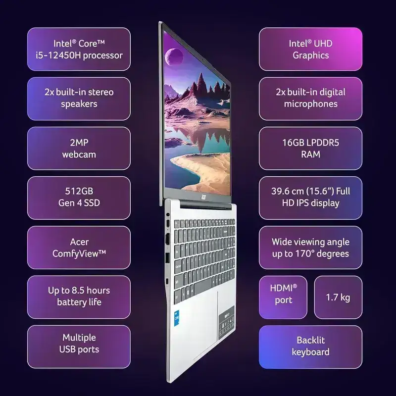 acer Aspire Lite AL15-52H, Intel Core i7-12650H 12th gen Processor, 16 GB LPDDR5, 1TB PCIe NVMe, 15.6"/39.62 cm, Windows 11 Home, MSO, Pure Silver, 1.70 kg, Backlit Keyboard, 1 Year Warranty image 4