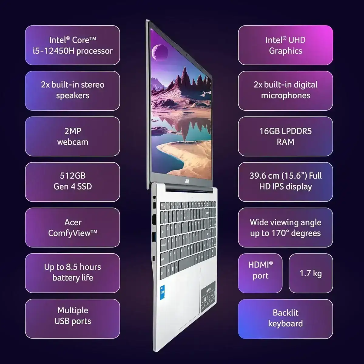 acer Aspire Lite AL15-52H, Intel Core i7-12650H 12th gen Processor, 16 GB LPDDR5, 512 GB PCIe NVMe, 15.6"/39.62 cm, Windows 11 Home, MSO, Pure Silver, 1.70 kg, Backlit Keyboard, 1 Year Warranty image 4