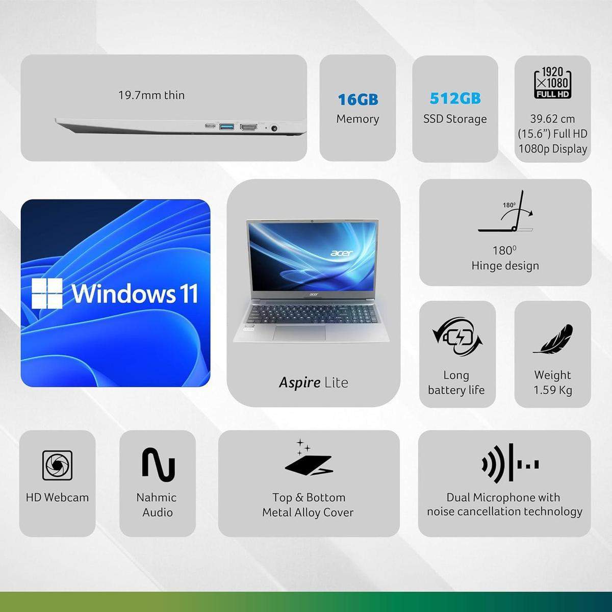 Acer Aspire Lite AL15-53, Intel Core i3-1305U 13th Gen, Thin and Light Premium Laptop, Windows 11 Home 8 GB DDR4 RAM, 256GB PCIe SSD MS Office, 39.62cm (15.6") Full HD 1920 x 1080 Display, Metal Body, Steel Gray, 1 Year Warranty image 2