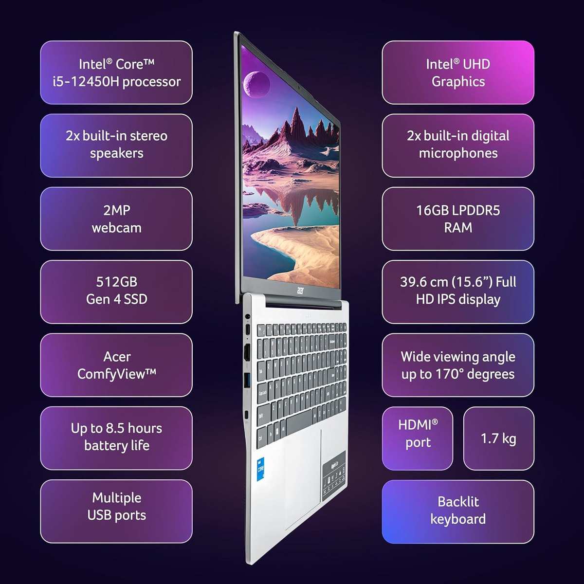 Acer Aspire Lite AL15-52H, Intel Core i5-12450H 12th gen Processor, 16 GB LPDDR5, 1TB PCIe NVMe, 15.6"/39.62 cm, Windows 11 Home, MSO, Pure Silver, 1.70 kg, Backlit Keyboard, 1 Year Warranty image 4