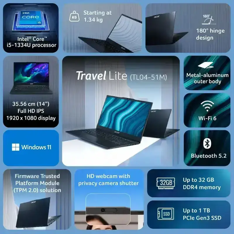 acer TravelLite Smart FHD TL04-51M, Intel Core i5 1334u 13th Gen Processor, 16GB DDR4 Ram, 512GB NVMe SSD, Intel Iris Xe Graphics, Windows 11, MS-Office, Display 14 Inch Full HD 1920 x 1080, 1 Year Warranty image 3