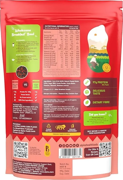  ALPINO Protein-Rich Super Corn Flakes Chocolate 750g - 13% Protein image 3