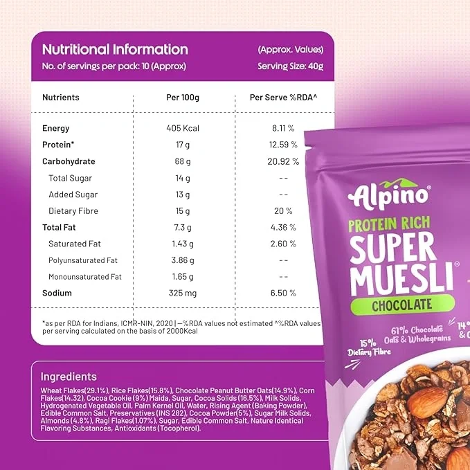  ALPINO Protein-Rich Super Muesli Chocolate 400g – 61% Whole Grains image 2