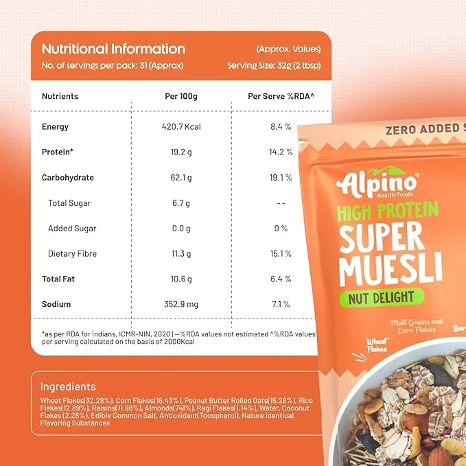  Alpino Health Foods Alpino Super Muesli Nut Delight 400 G | 20% Dried Fruits & Nuts image 2