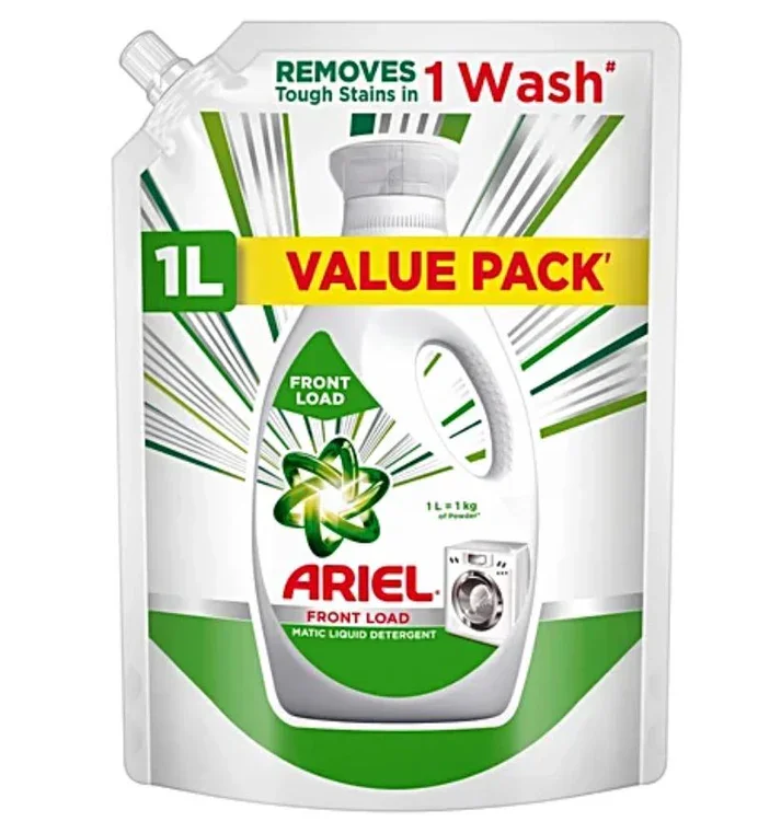 Ariel Liquid Detergent Front Load, 1 ltr, for stain removal in washing machines.