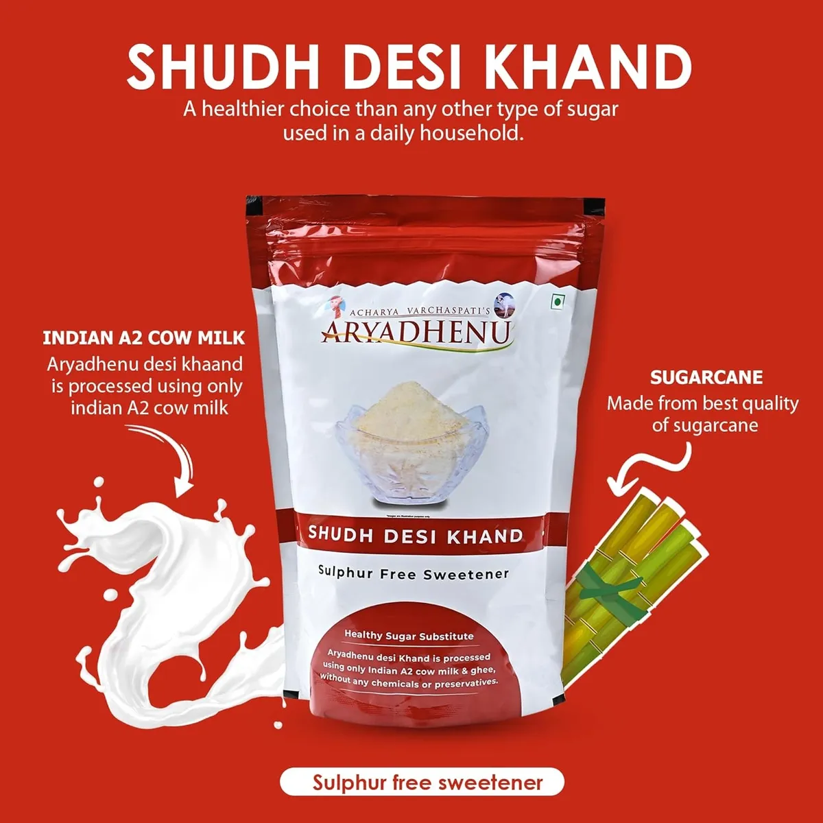 ARYADHENU Shudh Desi Khand Sugar – 100% Natural, Pure & Healthy Cane Sugar Sweetener, 900gm image 4