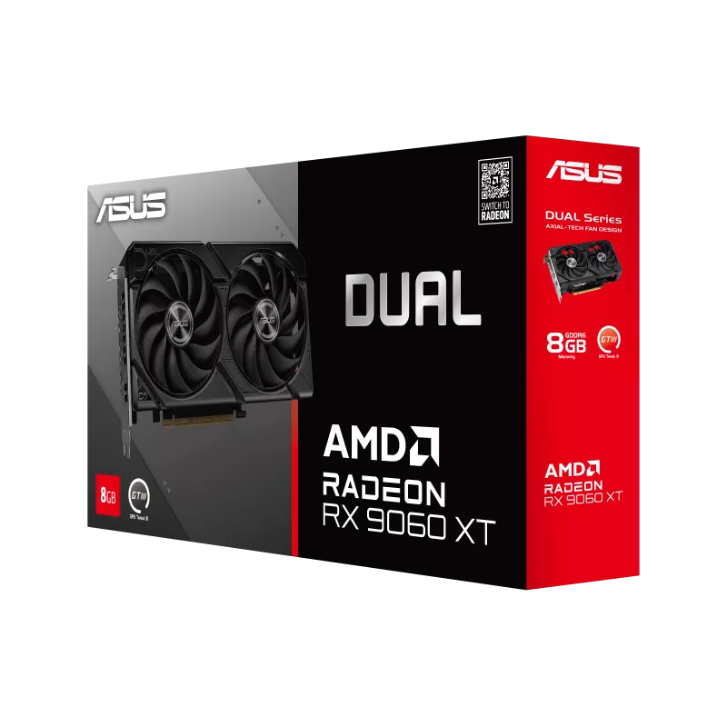 ASUS Dual Radeon RX 9060 XT 8GB GDDR6 Graphics Card, PCIe 5.0, HDMI 2.1b, DisplayPort 2.1a, 2.5-Slot Design, Axial-tech Fan Design image 2