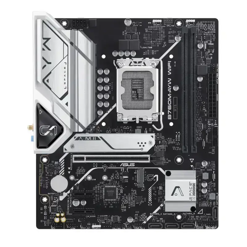 ASUS B760M-AYW WIFI 6.0, Intel® B760 LGA 1700, Ready for 14th, 13th and 12th Gen Intel® processors, mATX motherboard with PCIe 4.0, two PCIe 4.0 M.2 slots, DDR5, Realtek 2.5Gb Ethernet, WiFi 6, HDMI™, SATA 6 Gbps, front USB 3.2 Gen 1, Aura Sync, 3 Year Warranty image 2