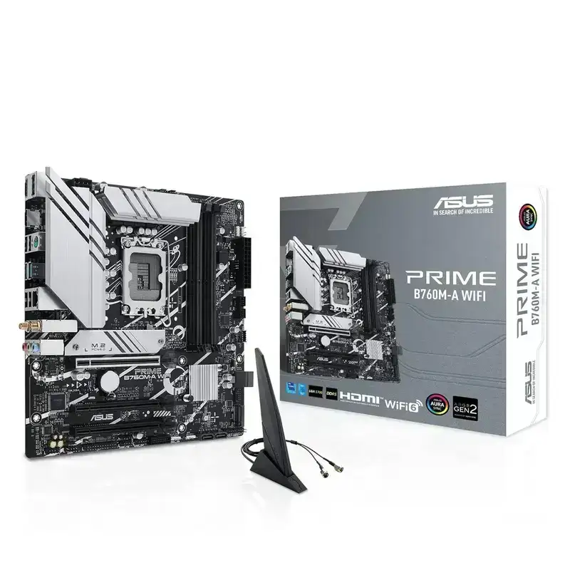 Asus PRIME B760M-A WIFI motherboard for Intel 12th/13th Gen CPUs. mATX, DDR5, PCIe 4.0, Wi-Fi 6, and USB 3.2 Gen 2.