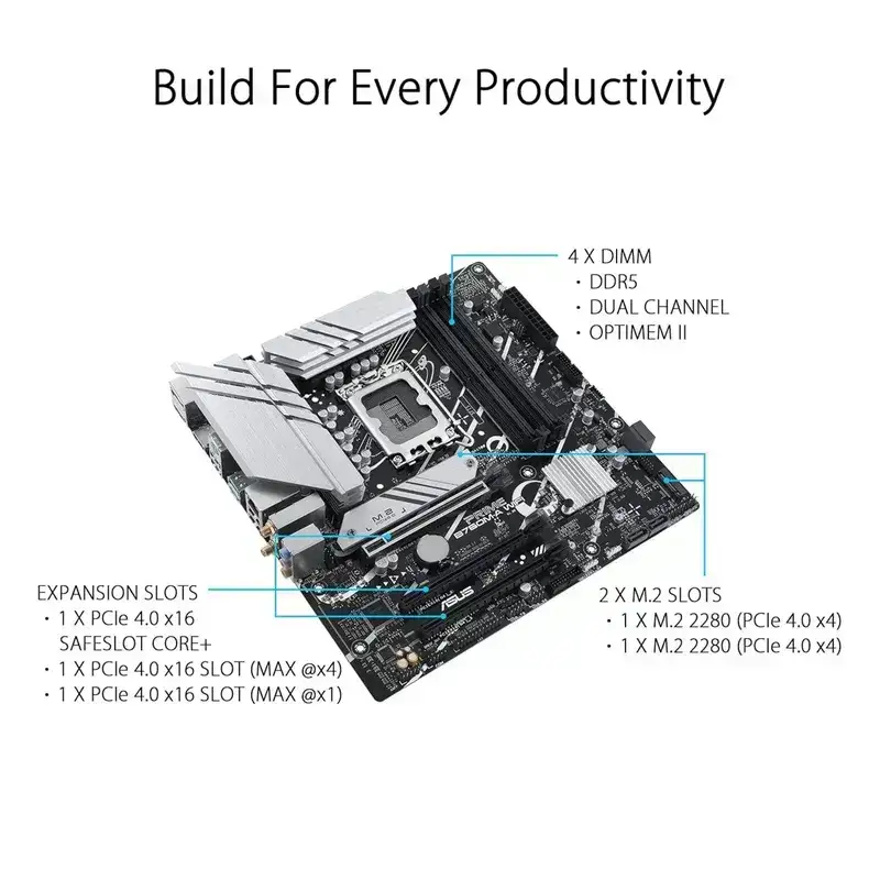 Asus PRIME B760M-A WIFI, Intel® B760 (LGA 1700), Ready for 13th and 12th Gen Intel® processors, mATX mortheboard with PCIe 4.0, DDR5, two M.2 slots, Realtek 2.5Gb Ethernet, Wi-Fi 6, DisplayPort, Dual HDMI™, SATA 6 Gbps, rear USB 3.2 Gen 2, front USB 3.2 Gen 1 Type-C®, Aura Sync, 3 Year Warranty image 3