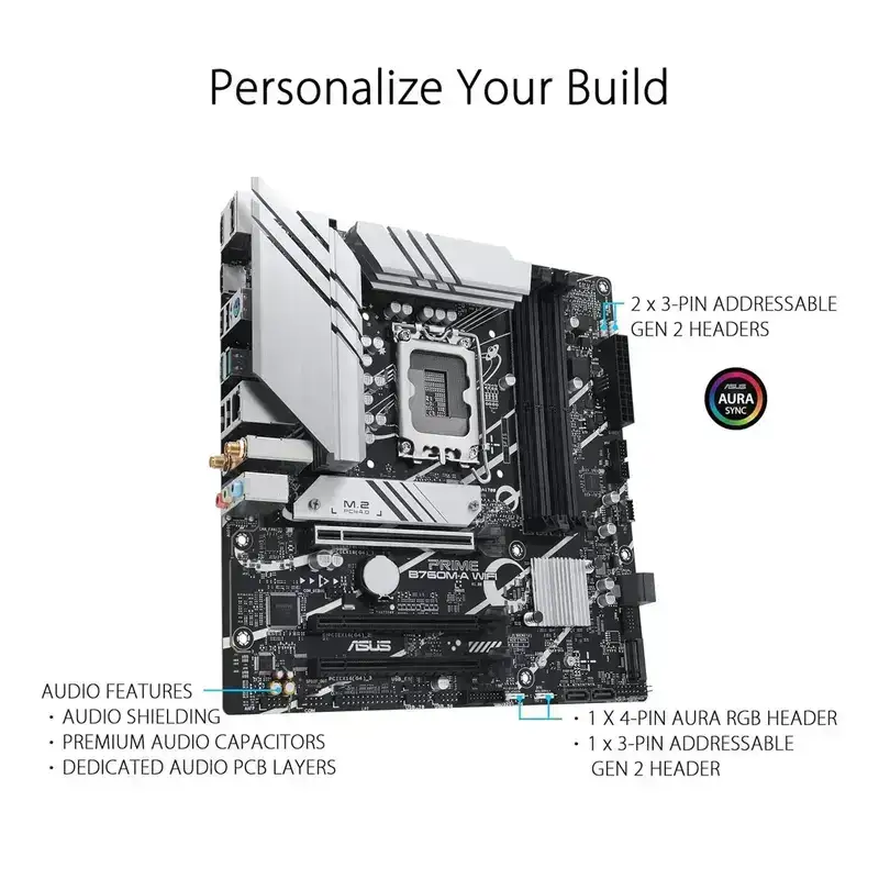 Asus PRIME B760M-A WIFI, Intel® B760 (LGA 1700), Ready for 13th and 12th Gen Intel® processors, mATX mortheboard with PCIe 4.0, DDR5, two M.2 slots, Realtek 2.5Gb Ethernet, Wi-Fi 6, DisplayPort, Dual HDMI™, SATA 6 Gbps, rear USB 3.2 Gen 2, front USB 3.2 Gen 1 Type-C®, Aura Sync, 3 Year Warranty image 4