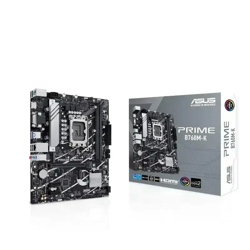 Asus Prime B760M-K mATX motherboard for Intel 14th/13th/12th Gen processors, featuring PCIe 4.0, DDR5, and Realtek 2.5Gb Ethernet.
