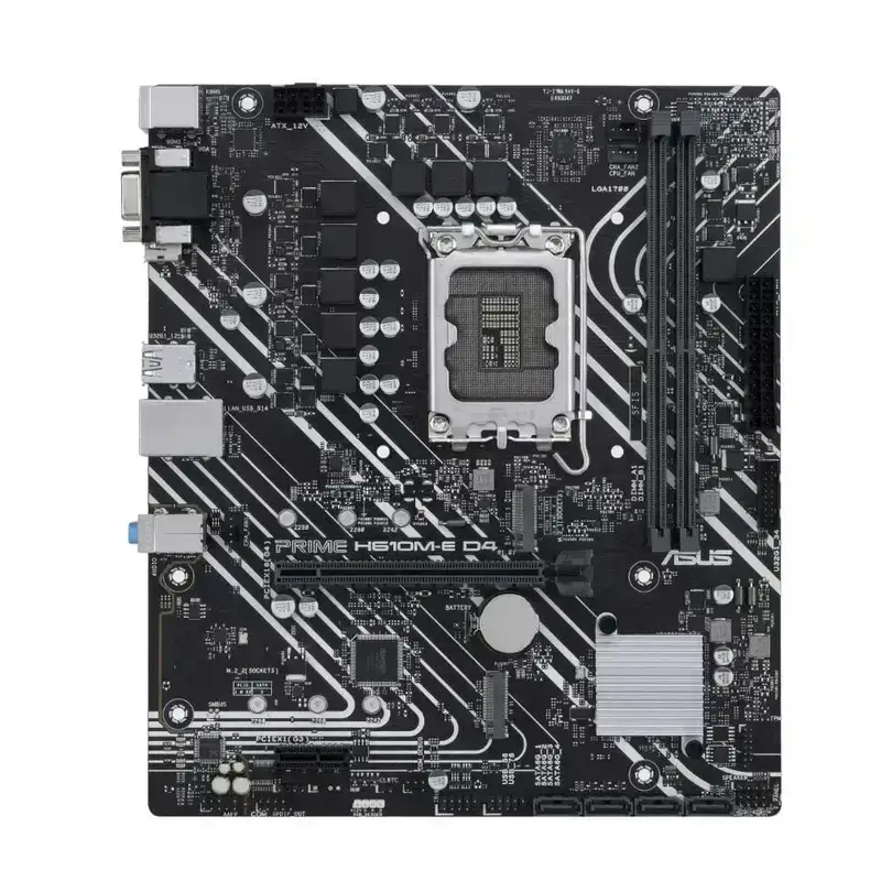 ASUS Prime H610M-E D4 Micro-ATX motherboard for 12th Gen Intel CPUs with DDR4, Dual M.2, and USB 3.2 Gen 1 ports.
