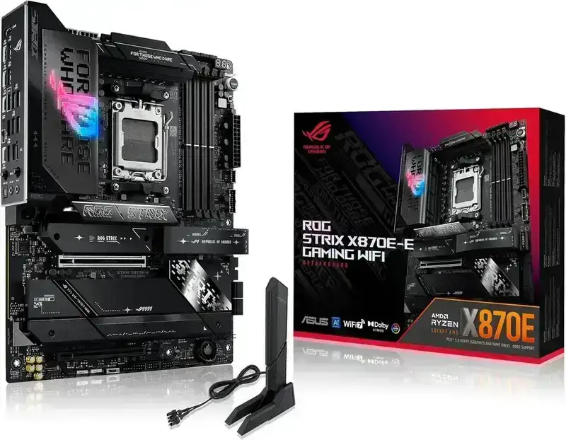 ASUS ROG Strix X870E-E ATX motherboard for AMD Ryzen 9000/8000/7000 series. DDR5, Wi-Fi, AMD AM5 socket, 3-year warranty.