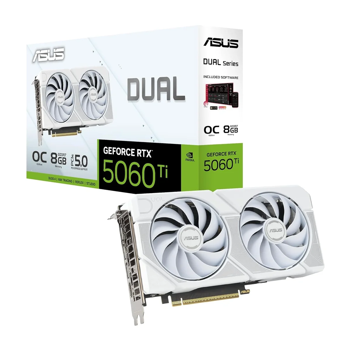 ASUS Dual NVIDIA GeForce RTX 5060 Ti 8GB White GDDR7 OC Edition - Graphics Card (PCIe 5.0, DLSS 4, HDMI 2.1b, DisplayPort 2.1b, 2.5-Slot, Axial Fans, 0dB Technology, Dual BIOS)