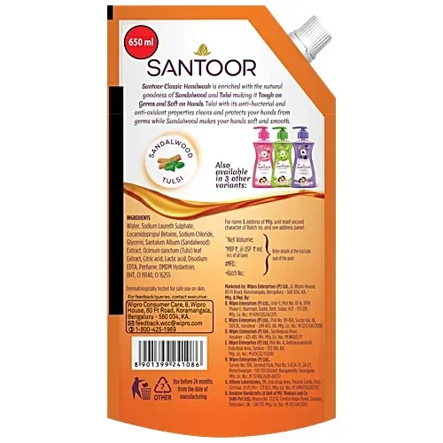 Santoor Classic Gentle Hand Wash Sandalwood & Tulsi,  650 ml, Soft & Nourishing Cleanser image 2