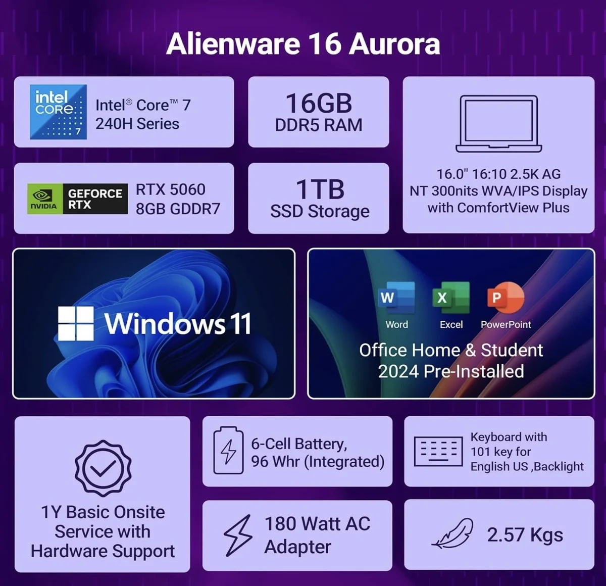 DELL ALIENWARE 16 AURORA, GAMING LAPTOP, INTEL CORE 7 240H, NVIDIA RTX 5060 8GB, 16GB DDR5, 1TB SSD, WQXGA 16-inch, 120HZ, WINDOWS11, MSO-24, INTERSTELLAR INDIGO, 2.57KG, CRYO CHAMBER, 1 Year Warranty image 2
