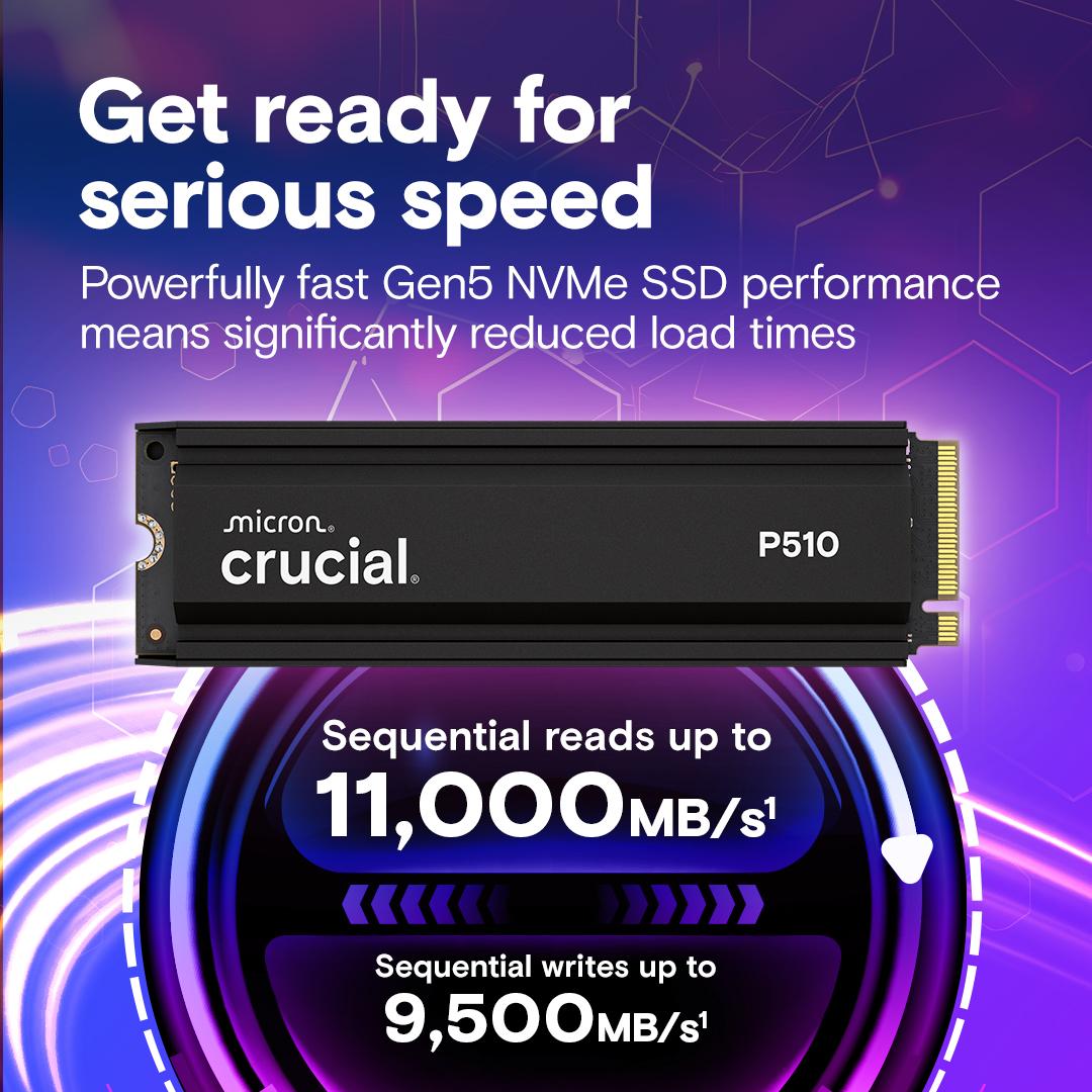 Crucial P510 1TB PCIe Gen5 NVMe 2280 M.2 SSD with heatsink, Read and Write speeds up to 11000 & 9500 MBps, 5 Year Warranty thumbnail 2