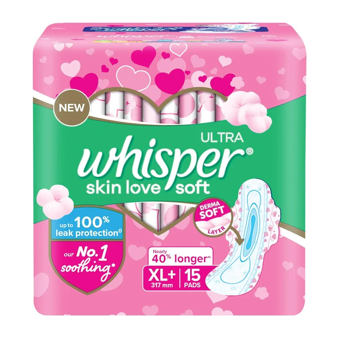 Whisper Ultra Soft Sanitary Pads For Women, Xl+,Pack of 15