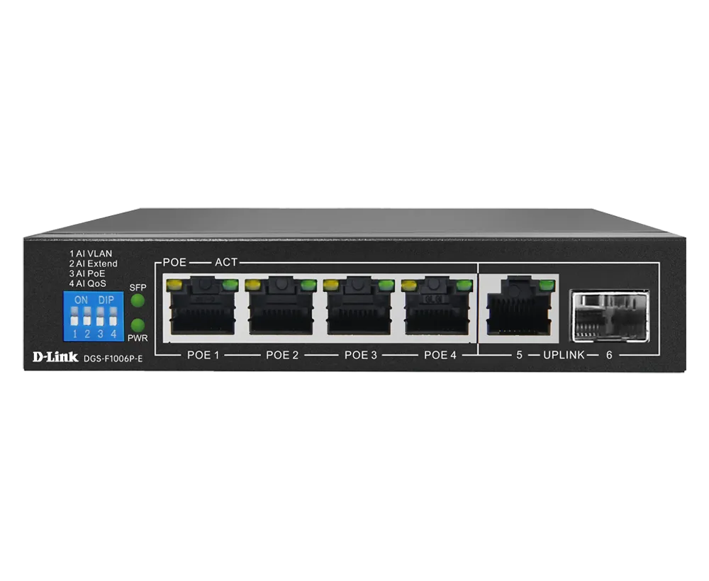 D-Link DGS-F1006P-E, 4-Port Gigabit Unmanaged PoE Switch with + 1Gigabit + 1SFP Uplink